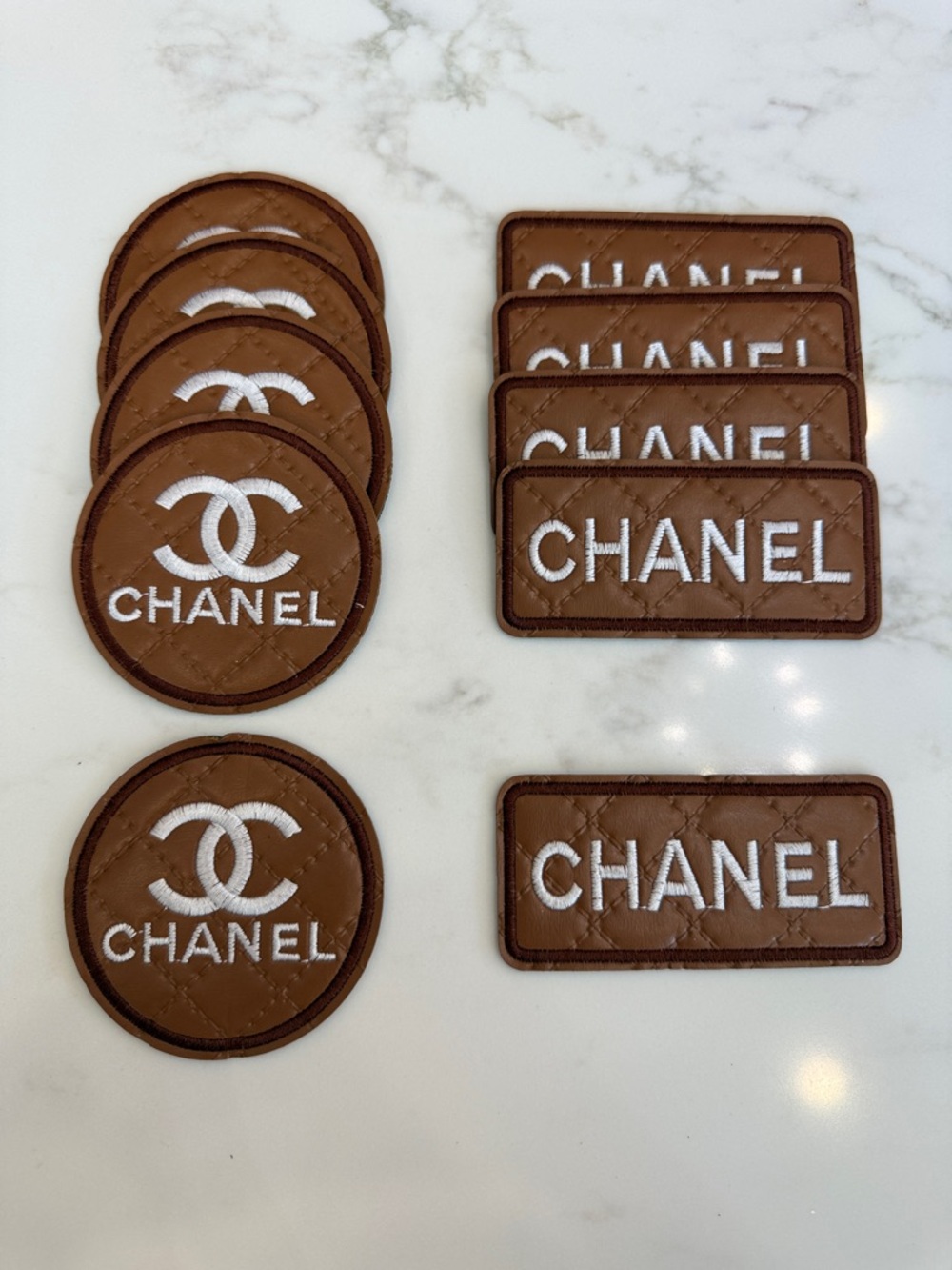 Hand Crafted Brown Iron On Quilted Logo Patch Set White Embroidery